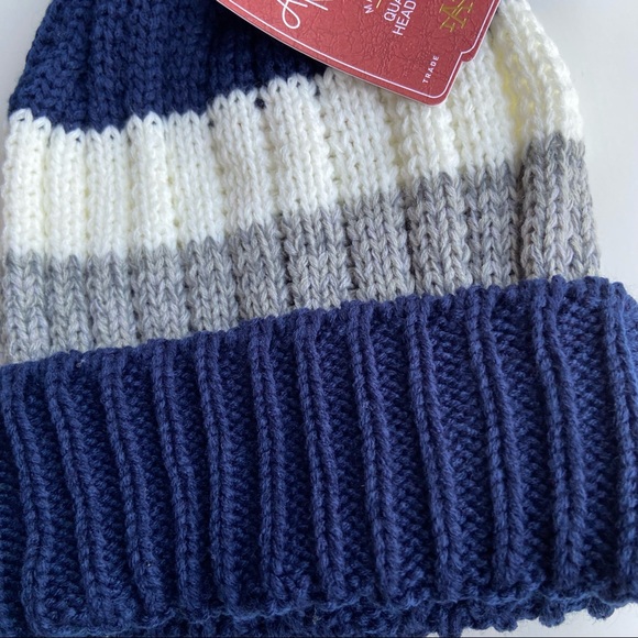 American Needle Navy Striped Knit Pompom Beanie OS - Picture 3 of 6